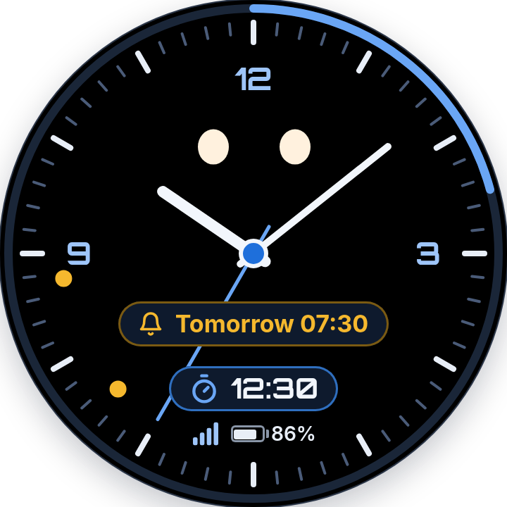 VoCat analog clock with a timer and the next alarm