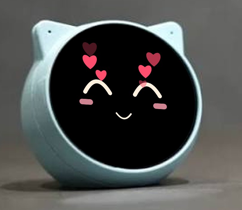 An EchoEar running VoCat, with a heart-eyed face on its round screen