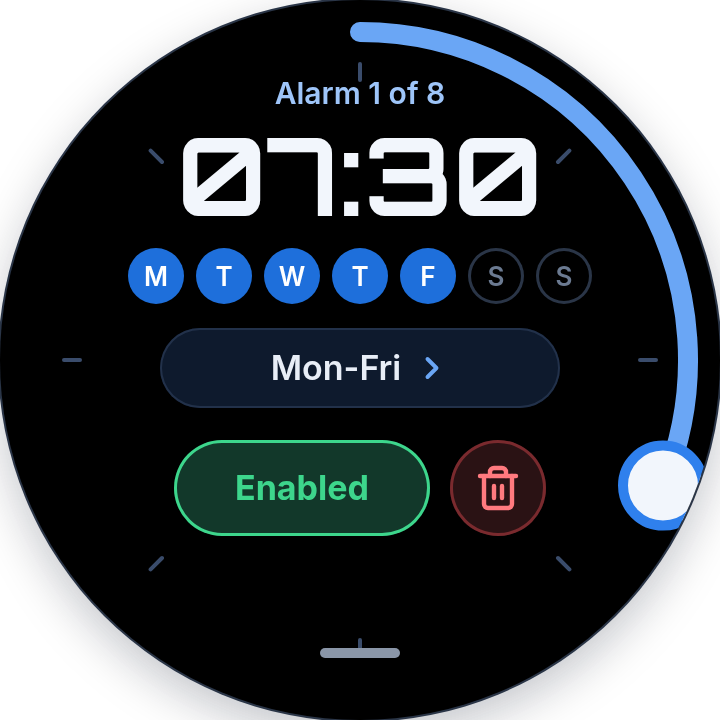 Cadran d'alarme VoCat de 24 heures avec jours sélectionnés et activation