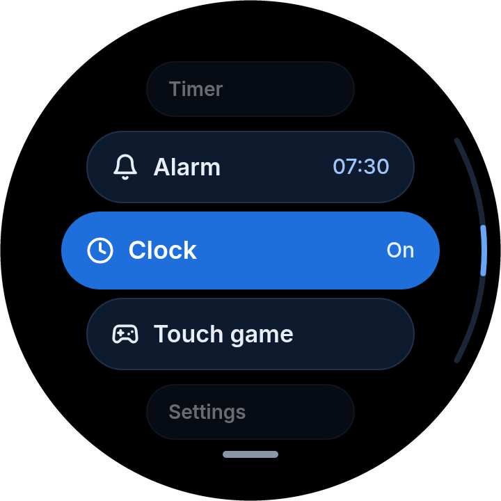 VoCat menu with timer, alarm, clock, touch game and settings