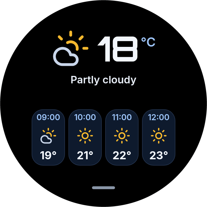 VoCat weather screen showing partly cloudy and the next four hours