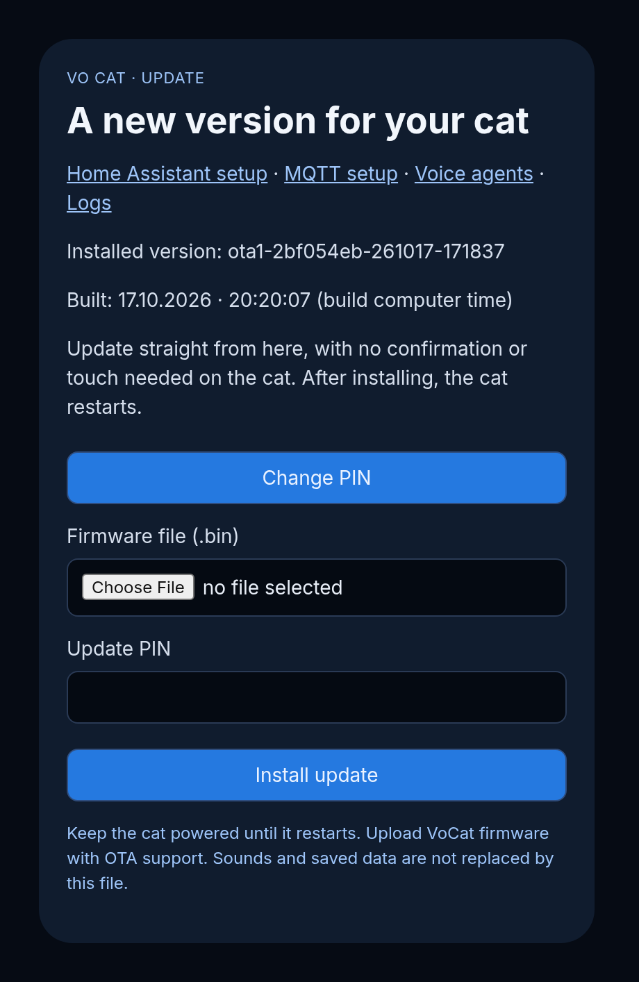 The VoCat update page in a browser