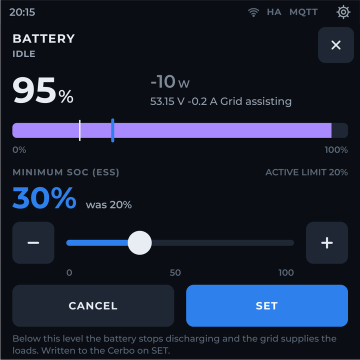 Battery settings with the minimum SOC slider and the SET button
