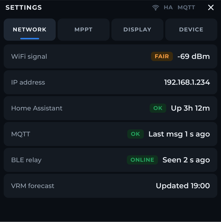 Network settings with Wi-Fi, Home Assistant and MQTT status