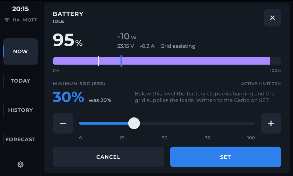 Battery settings with the minimum SOC slider and the SET button