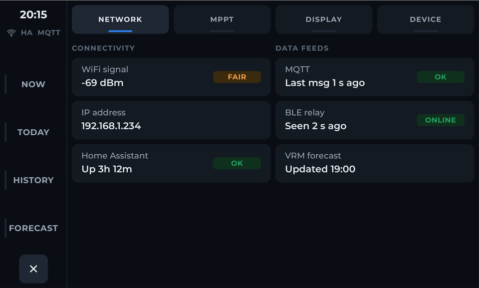 Network settings with Wi-Fi, Home Assistant, MQTT and Bluetooth relay status