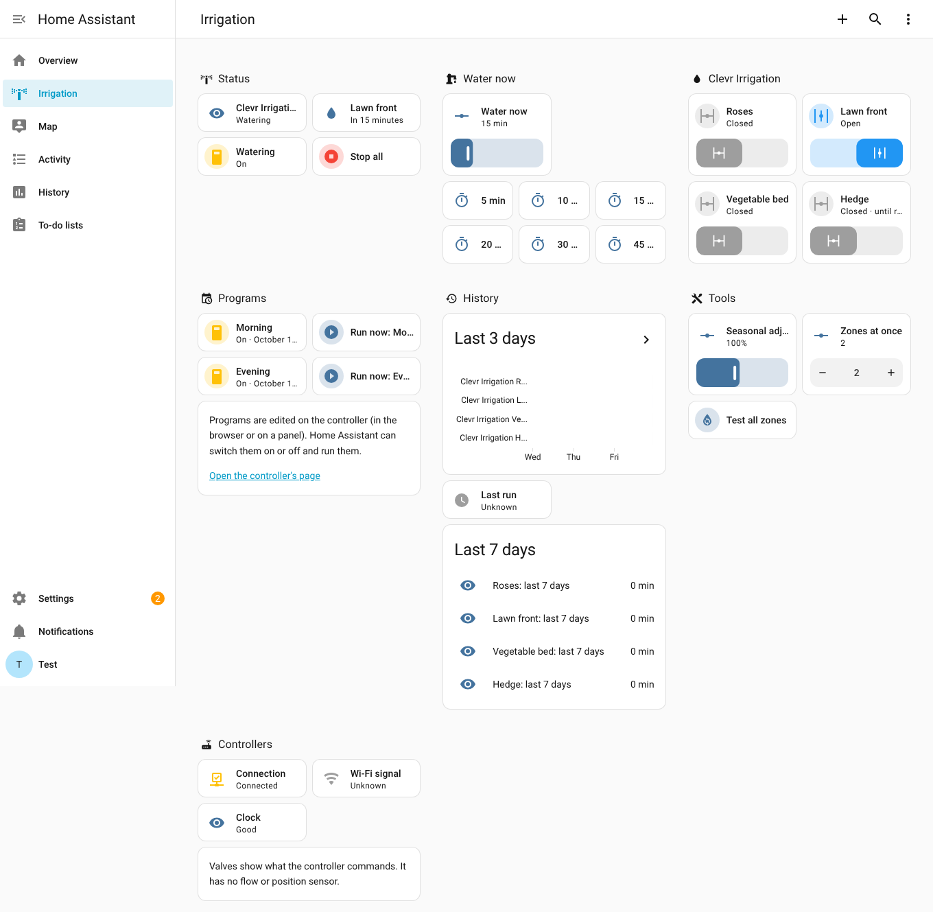 Home Assistant dashboard for the controller: status, water now, zones, programs, history and tools