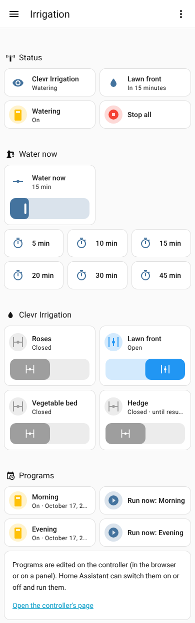 The dashboard on a phone: status, water now buttons and the four zones