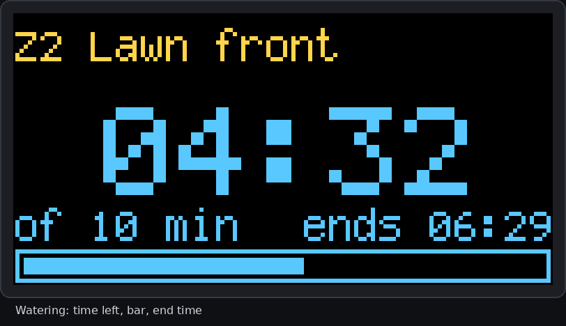 OLED while watering: zone, time left, progress bar and end time