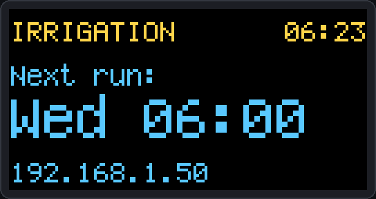 Animation of a single OLED: idle, then a run starts on Lawn front and counts down