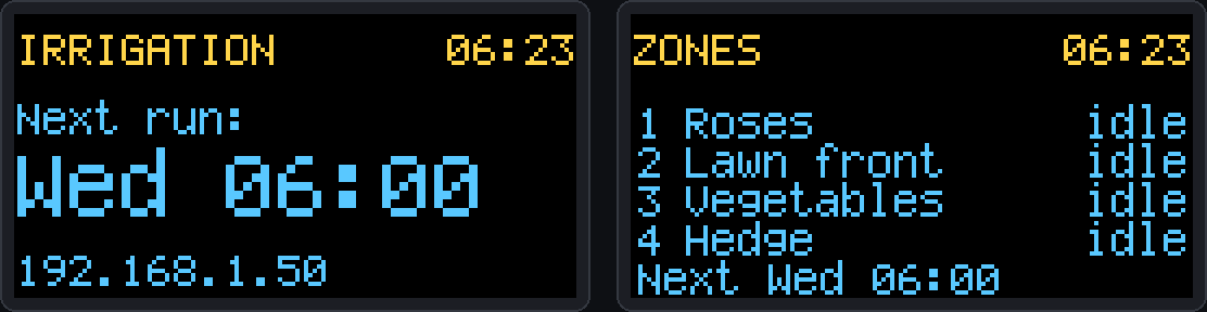 Animation of two OLEDs: screen 1 shows the status and screen 2 the four zones