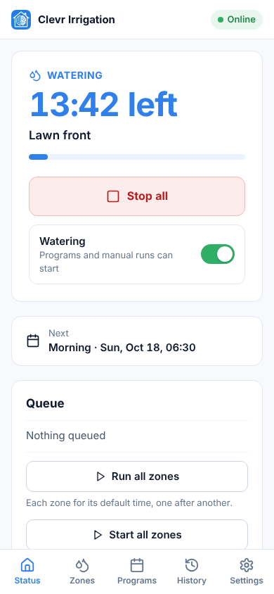 Status page on a phone: Lawn front watering with 13:42 left
