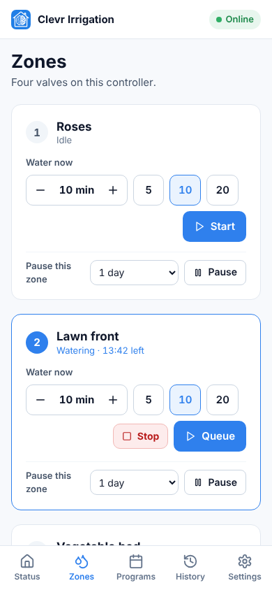 Zones page on a phone