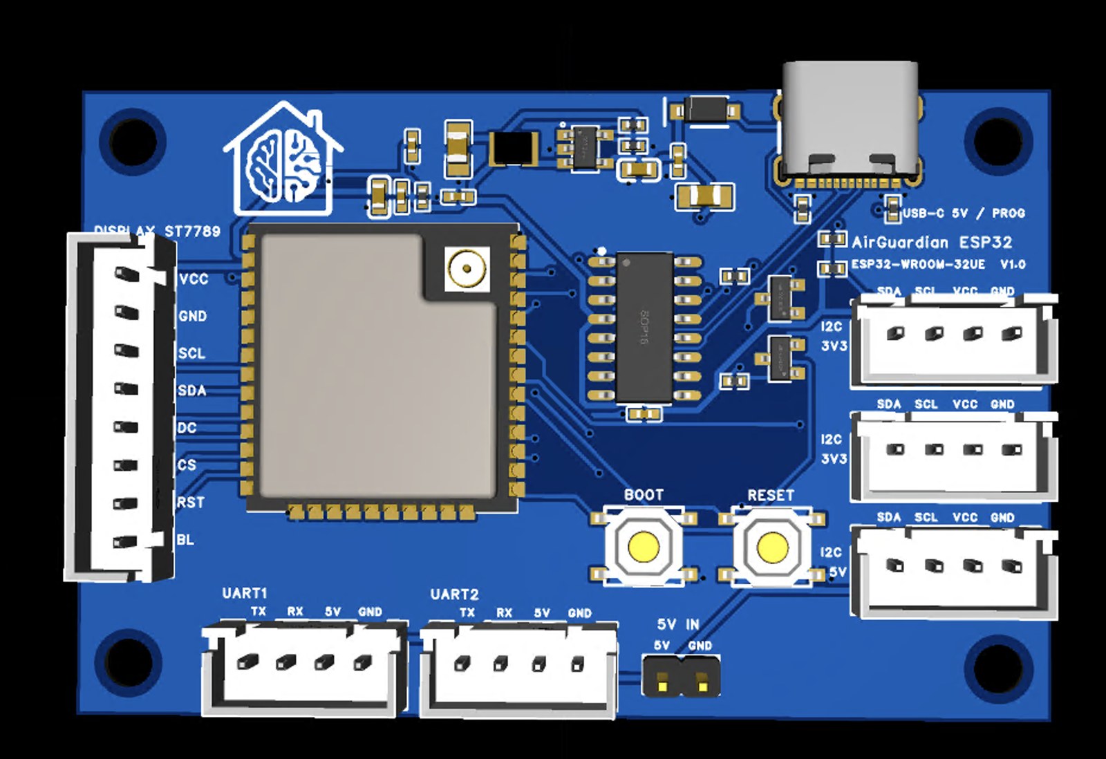 The SMD Air Guardian board, assembled, with the ESP32-WROOM module, USB-C port, two UART and three I2C connectors